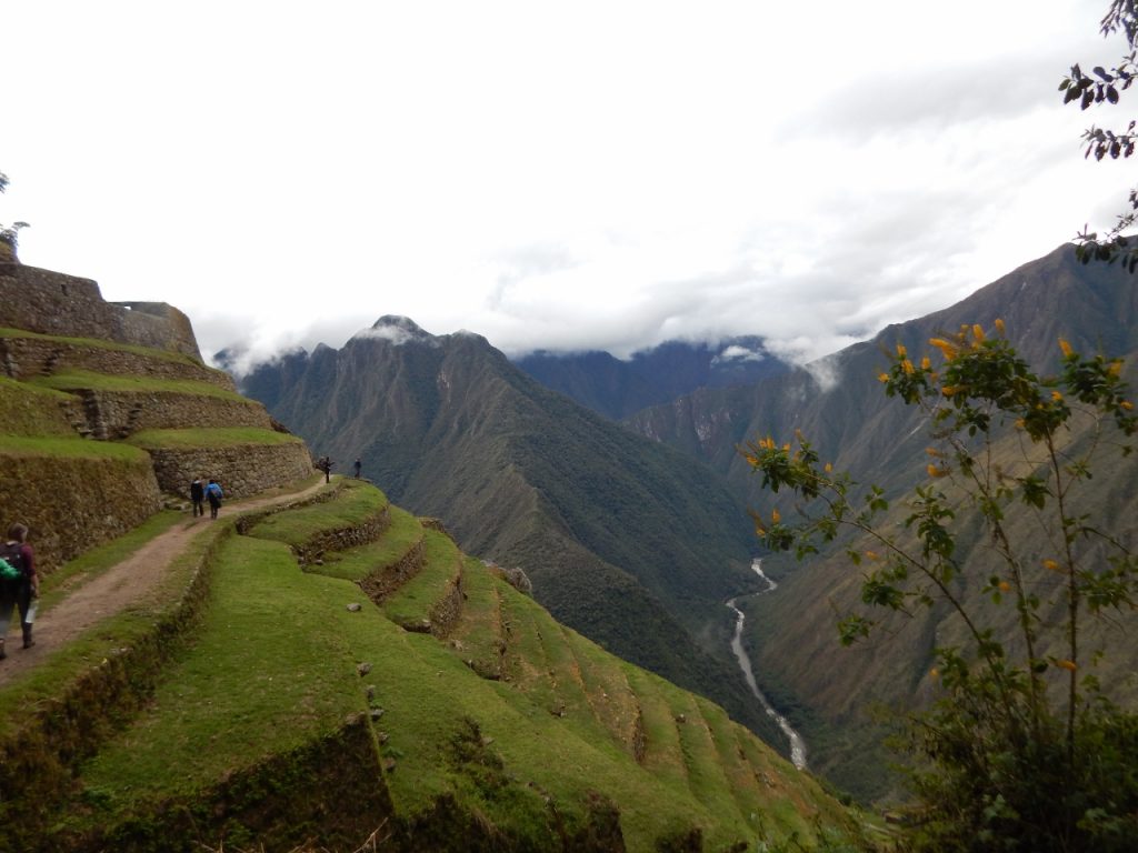 Green mossy steps lead upward to an unknown destination; in the background, a thin river flows at the base of tall mountains that stretch into the clouds